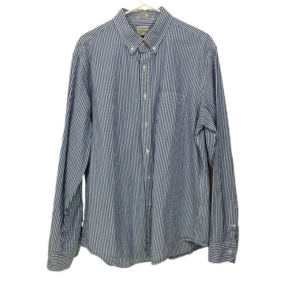 J. Crew Men's‎ Large Button Down Shirt Classic Cotton Striped Blue Long Sleeve